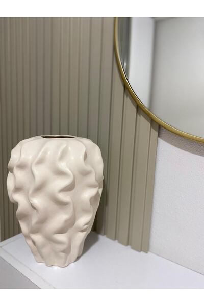 Tuge Home Fırfırlı Büyük Seramik Vazo – Kum Beji