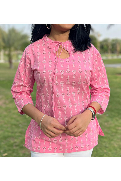 IndHeritage Premium pink cotton top / blouse with white ethnic prints for wom...