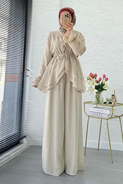 MELEK ARAZ Premium Organza Trouser Suit with Front Tie Detail - Cream