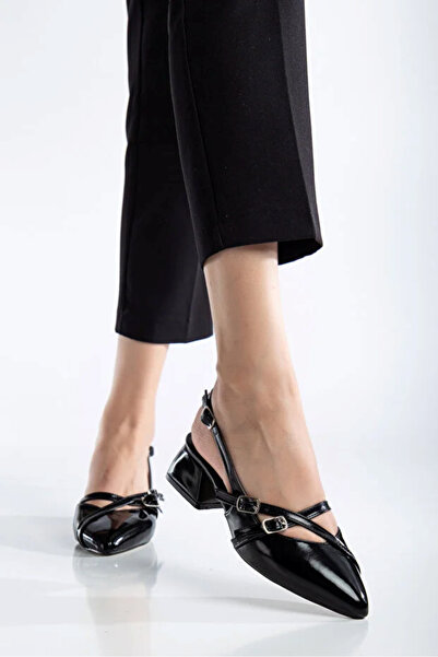 van heflin Elara Women's Black Patent Leather Cross-Strapped Buckled Slingbac...