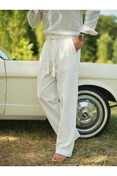 OUTFİT MAN Cotton / Linen Bel Tie-Detail Bol Pants White