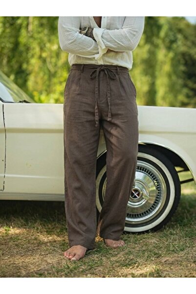 OUTFİT MAN Cotton / Linen Bel Tie-Detail Bol Trousers Brown