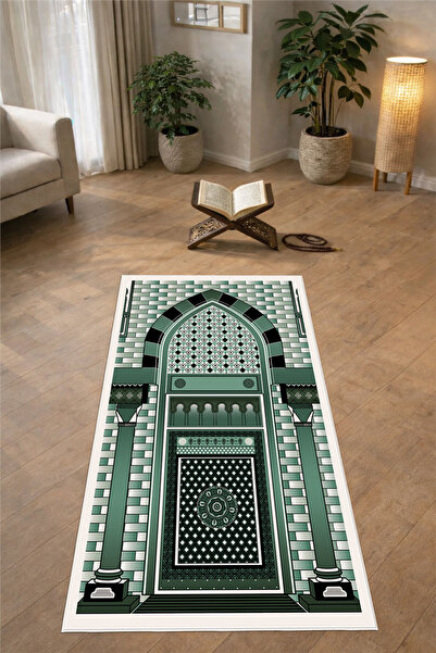 Pelura Halı Belt Patterned Digital Print Non-Slip Sole Washable Green Prayer Rug