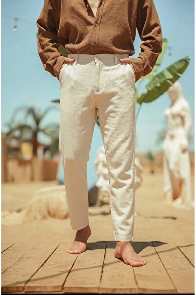 OUTFİT MAN Κανονικής εφαρμογής λινό παντελόνι σε κρεμ απόχρωση