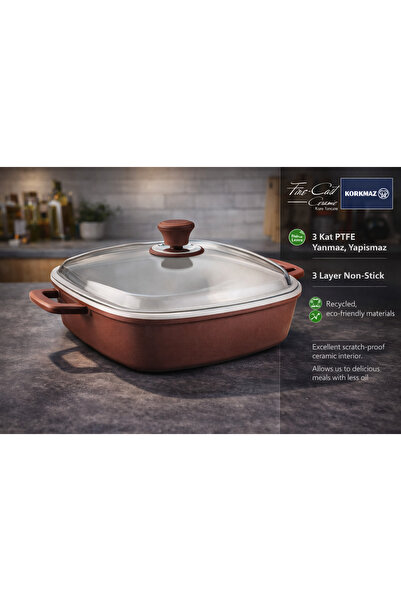 korkmaz züccaciye Korkmaz Fine-Cast Ceramic Square Casserole Glass Lid 28x28 ...