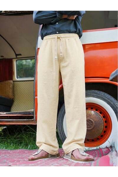 OUTFİT MAN Κρέμα παντελονιών από λινό με μίνιμαλ στάμπα