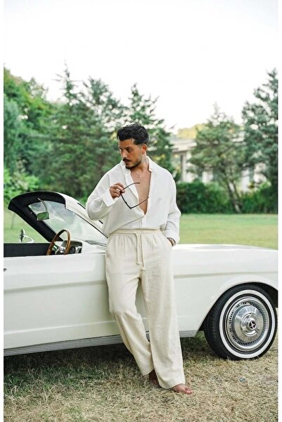 OUTFİT MAN Λινό παντελόνι με κορδόνια και κρέμα χρώματος