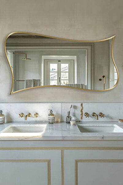 Fawdecor Premium Şık Ahşap Çerçeveli Asimetrik Ayna-Modern Kavisli Form Banyo...