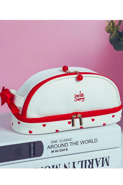 ÖZ OFİS Kawaii Smile Cherry Suni Deri Kalem Kutusu - Çok Fonksiyonlu - Çift K...