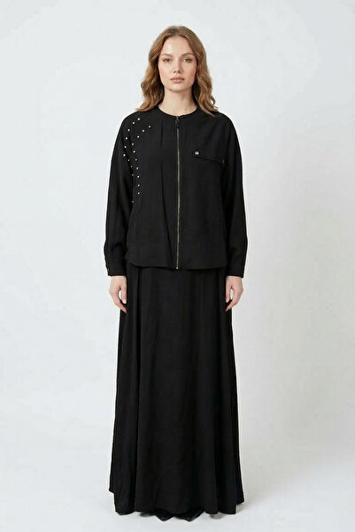 Ceremony طقم فستان بولو بولرو بأكمام خفاشية وتفاصيل خرزية وسحاب أمامي 940 أسود