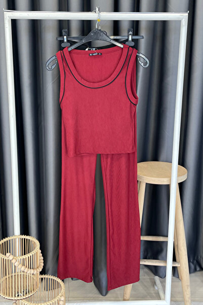 Mistix Striped Striped Detailed Corded Fabric Two-Piece Set - Burgundy Bordo