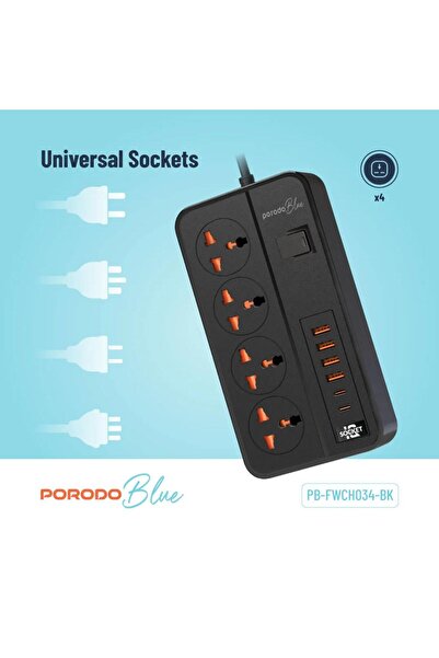porodo Blue 4 AC Power Strip with 4 USB-A & 2 USB-C Ports, 3M UK Plug Cord, 3...