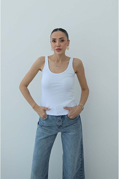 Havoş White Scoop Neck Corded Fabric Athlete Top