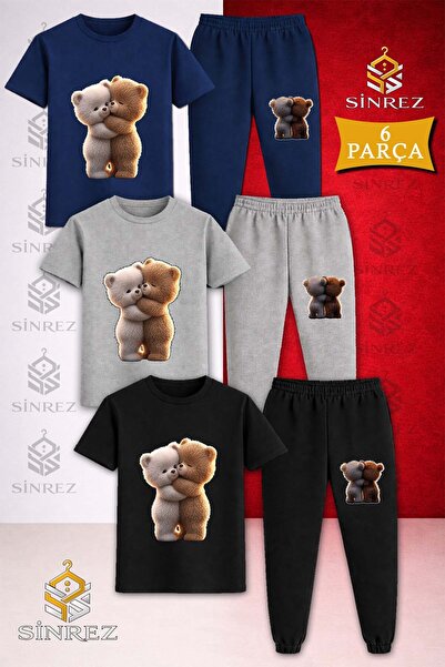 SİNREZ Children's Bear Hug 2Piece Printed 3Piece T-Shirt Tracksuit Set