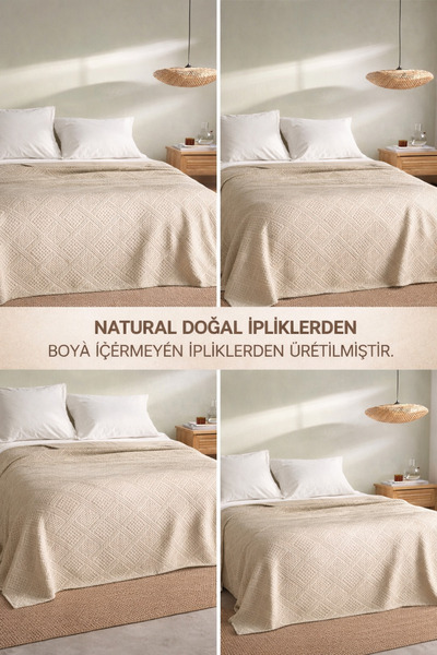 ÇIQRIK HOME Lüx Natural Keten Pamuk Uras Boho Çift Kişilik Pike Yatak Örtüsü