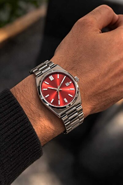 MODA MANANI Red Dial Silver Color Steel Band Men's Wristwatch with Calendar