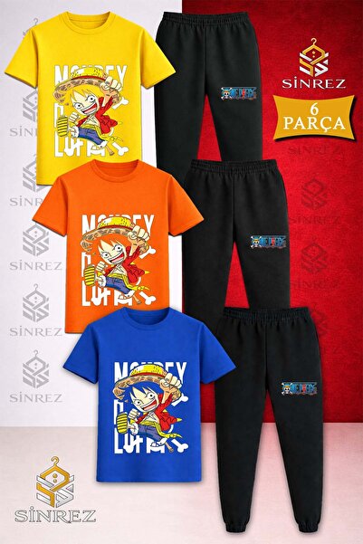 SİNREZ Children's Anime One Piece Back Writing Printed 3-Piece T-Shirt Tracks...
