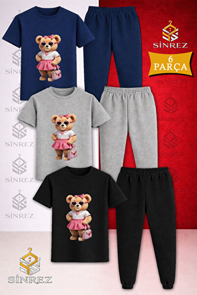 SİNREZ Children's Bear Pink Skirt Canta Printed 3-Piece T-Shirt Tracksuit Set