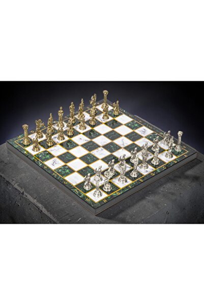 e-life shop Luxury Metal Chess Set Chrome Plated Pegasus Horses & Emerald Gre...