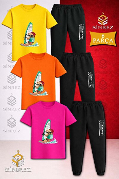 SİNREZ Set de trening pentru copii, 3 piese, cu imprimeu BEAR SURF SEA