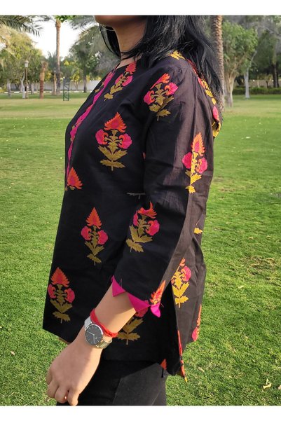 IndHeritage Premium black cotton top / blouse with red floral prints for women- perfect for office / casual wear