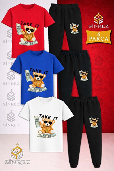 SİNREZ Children's Ayicik Take It Black Printed 3-Piece T-Shirt Tracksuit Set