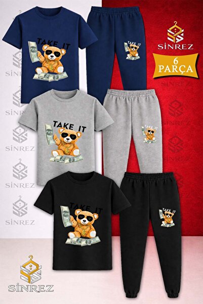 SİNREZ Children's Ayicik Take It Black Printed 3-Piece T-Shirt Tracksuit Set