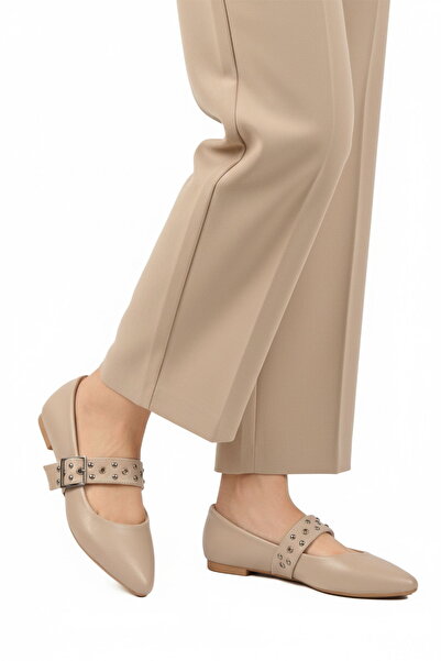 Aspor Beige Belted Women's Ballerinas