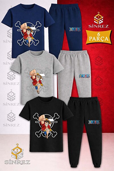 SİNREZ Children's Anime One Piece Carpi Printed 3LÜ T-Shirt Tracksuit Set