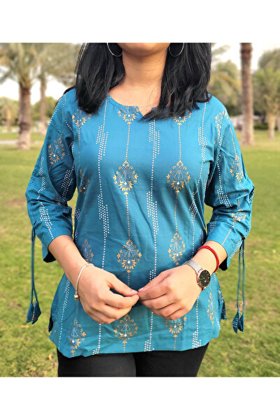 IndHeritage Premium bondi blue cotton top/ blouse with prints for women - per...