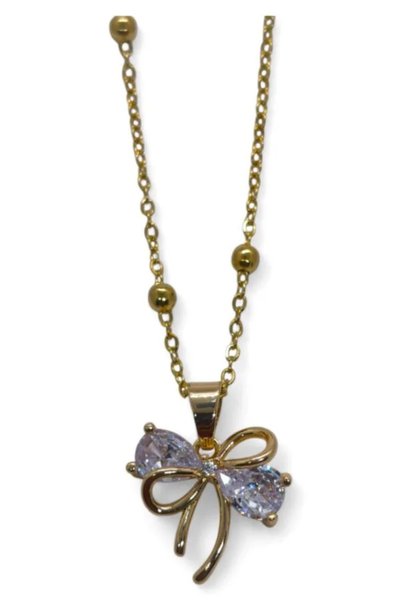 YümanınYumağı Gold Color Drop Bow Model Ball Chain Steel Necklace