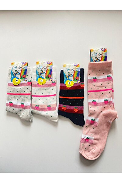 TMR Colorful Striped Strawberry Motif 11-12 Years Old Girls' 4-Pack Socks