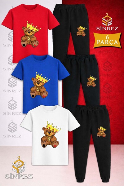 SİNREZ Children's Bear Patched Tacli Printed 3-Piece T-Shirt Tracksuit Set