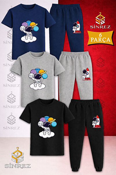 SİNREZ Children's Astronaut Cloud with Planets in Hand Printed 3-Piece T-Shir...