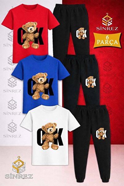 SİNREZ Children's Bearish Ok Black Printed 3-Piece T-Shirt and Tracksuit Set