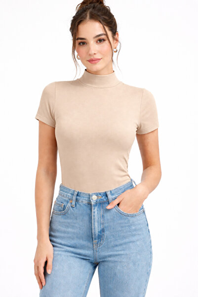 RDK Giyim Γυναικείο κοντομάνικο μισό φορμάκι από ύφασμα βισκόζης - Μπεζ