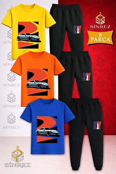 SİNREZ Children's Car Gray Red Black Canvas Printed 3-Piece T-Shirt and Sweat...