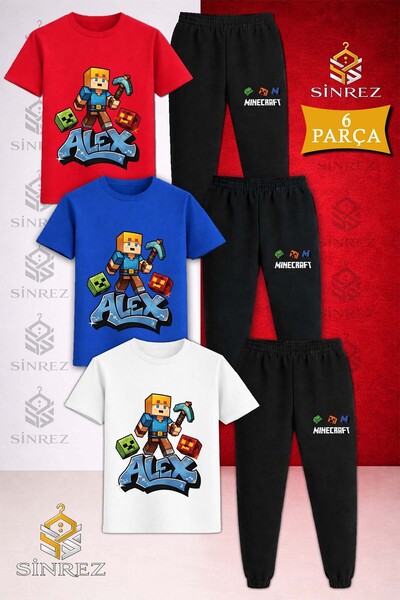 SİNREZ Children's Aleks Baltali Blue Printed 3-Piece T-Shirt Tracksuit Set