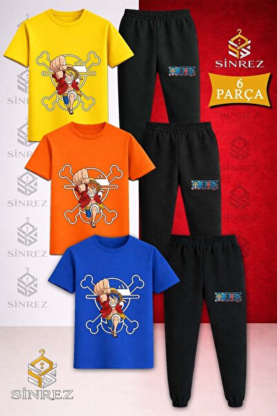 SİNREZ Children's Anime One Piece Carpi Printed 3LÜ T-Shirt Tracksuit Set