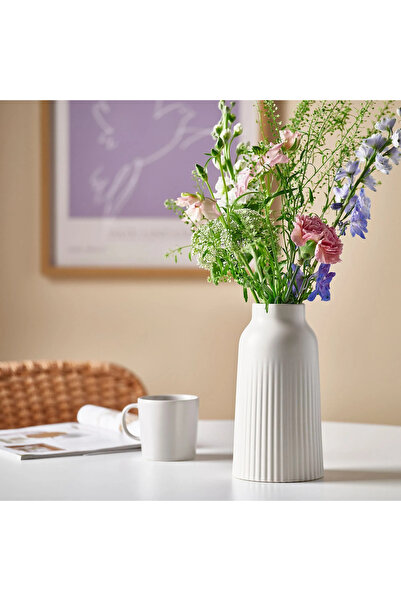 IKEA Beyaz Vazo Oluklu Desenli Kırık Beyaz 23 cm