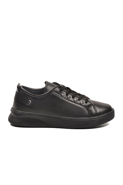 Aspor Black Lace-Up Leather Women's Sneakers