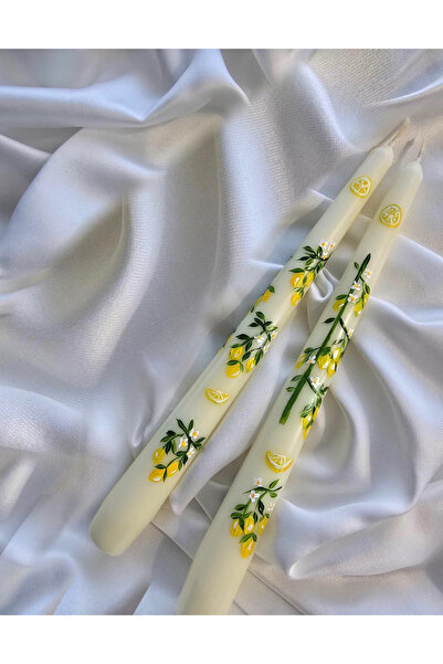 Hatice sakallı design 2'li Limon desenli 2026 ilkbahar yaz el boyama şamdan mum