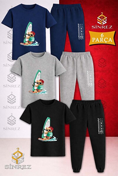SİNREZ Children's Bear Surf Sea Printed 3-Piece T-Shirt and Tracksuit Set