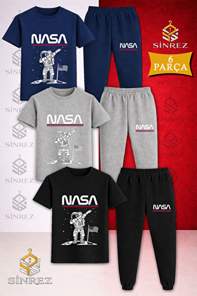 SİNREZ Children's Astronaut White Ust Nasa Writing Printed 3-Piece T-Shirt Tr...