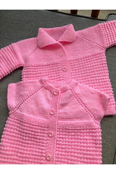 Bumya3duretim Pembe renk El Örgüsü Dokuma Hırka ve Yelek 2’li Set