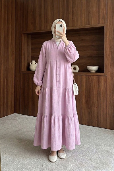 MODAQU Long Muslin Dress with Elastic Sleeves and Pieces - Pink