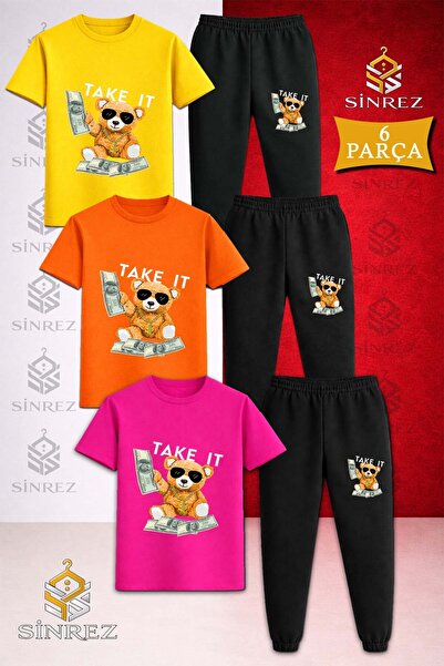 SİNREZ Children's Ayicik Take It White Printed 3-Piece T-Shirt Tracksuit Set