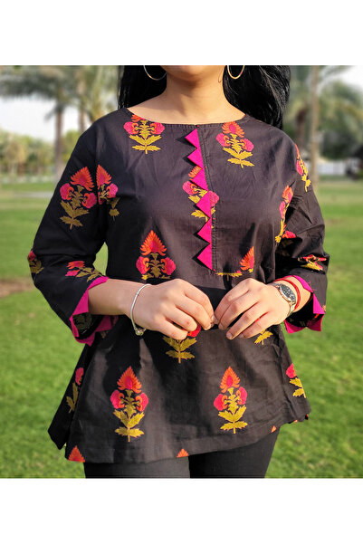 IndHeritage Premium black cotton top / blouse with red floral prints for wome...