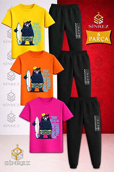 SİNREZ Set de trening pentru copii AYICIK SIYAH SURF SAPKA, imprimat, 3 piese...