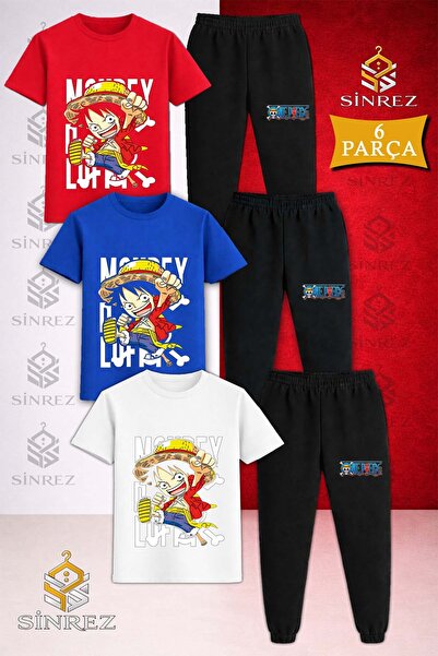 SİNREZ Children's Anime One Piece Back Writing Printed 3-Piece T-Shirt Tracks...